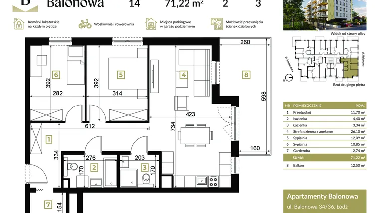 Rzut - Mieszkanie na sprzedaż 3 pokoje o powierzchni 71,14 m² - numer 14 w Apartamenty Balonowa