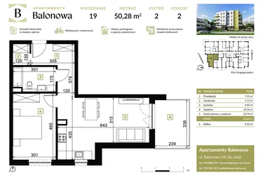 Rzut - Mieszkanie na sprzedaż 2 pokoje o powierzchni 50,28 m² - numer 19 w Apartamenty Balonowa