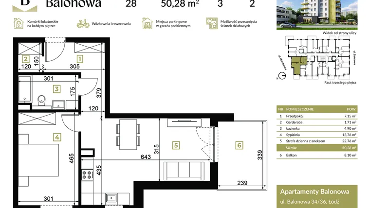 Rzut - Mieszkanie na sprzedaż 2 pokoje o powierzchni 50,28 m² - numer 28 w Apartamenty Balonowa