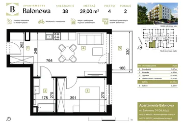 Rzut - Mieszkanie na sprzedaż 2 pokoje o powierzchni 39 m² - numer 38 w Apartamenty Balonowa
