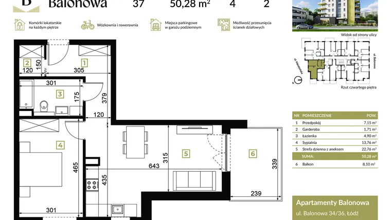 Rzut - Mieszkanie na sprzedaż 2 pokoje o powierzchni 50,28 m² - numer 37 w Apartamenty Balonowa