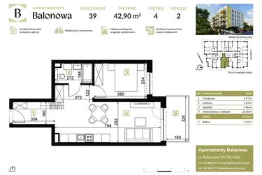 Rzut - Mieszkanie na sprzedaż 2 pokoje o powierzchni 42,9 m² - numer 39 w Apartamenty Balonowa