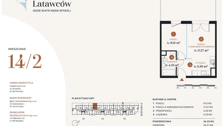 Rzut - Mieszkanie na sprzedaż 2 pokoje o powierzchni 34,33 m² - numer D14-2 w Osiedle Latawców