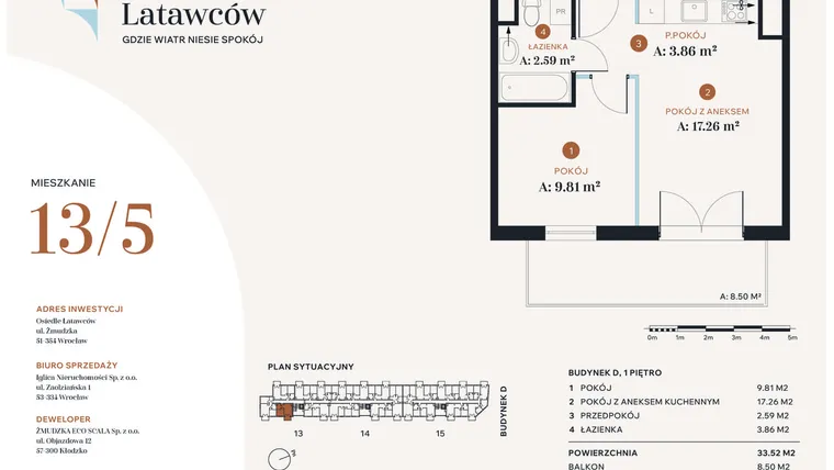 Rzut - Mieszkanie na sprzedaż 2 pokoje o powierzchni 33,52 m² - numer D13-5 w Osiedle Latawców