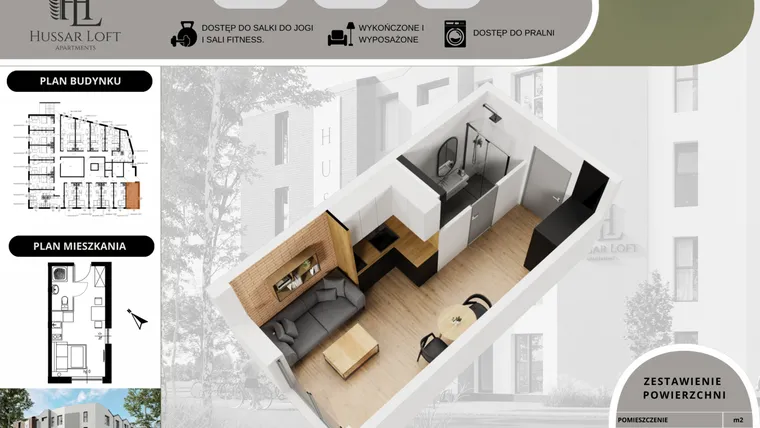 Rzut - Mieszkanie na sprzedaż 1 pokój o powierzchni 19,57 m² - numer 1 w Hussar Loft - Apartamenty inwestycyjne