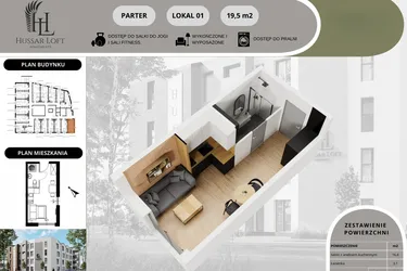 Rzut - Mieszkanie na sprzedaż 1 pokój o powierzchni 19,57 m² - numer 1 w Hussar Loft - Apartamenty inwestycyjne