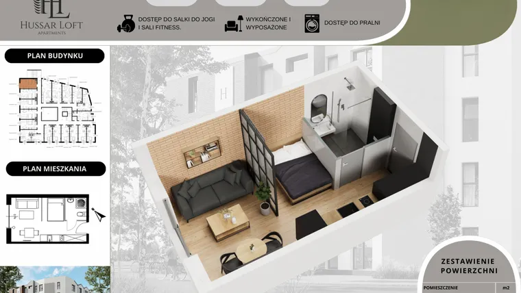 Rzut - Mieszkanie na sprzedaż 1 pokój o powierzchni 21,74 m² - numer 69 w Hussar Loft - Apartamenty inwestycyjne