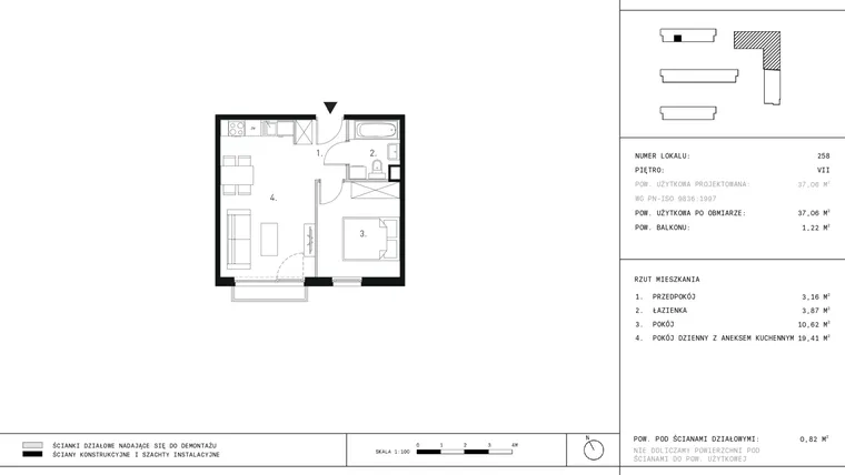 Rzut - Mieszkanie na sprzedaż 2 pokoje o powierzchni 37,06 m² - numer A3.7 w Wynalazek 3A