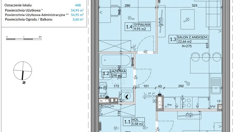 Rzut - Mieszkanie na sprzedaż 3 pokoje o powierzchni 54,95 m² - numer 48B w Osiedle Młodych etap VIII