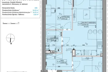 Rzut - Mieszkanie na sprzedaż 3 pokoje o powierzchni 54,95 m² - numer 48B w Osiedle Młodych etap VIII