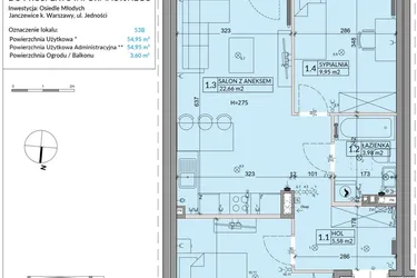 Rzut - Mieszkanie na sprzedaż 3 pokoje o powierzchni 54,95 m² - numer 53B w Osiedle Młodych etap VIII