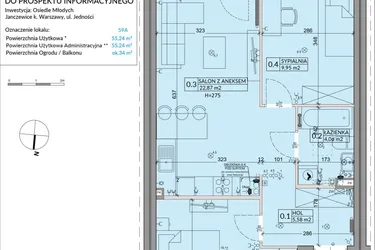 Rzut - Mieszkanie na sprzedaż 3 pokoje o powierzchni 55,24 m² - numer 59A w Osiedle Młodych etap IX