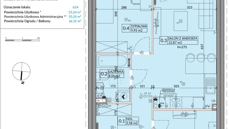 Rzut - Mieszkanie na sprzedaż 3 pokoje o powierzchni 55,24 m² - numer 62A w Osiedle Młodych etap X