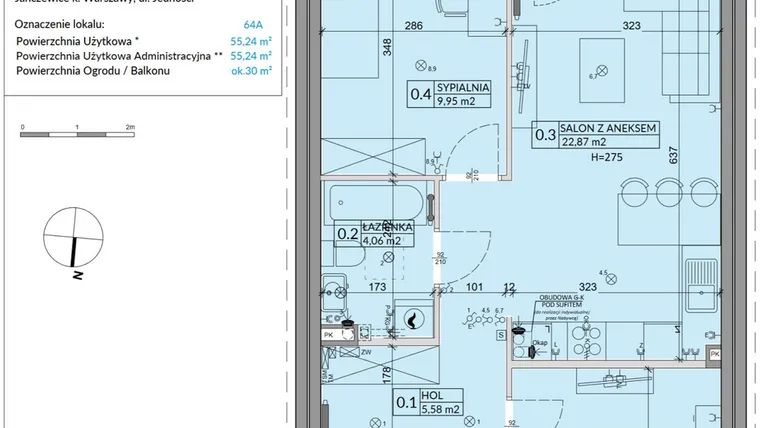 Rzut - Mieszkanie na sprzedaż 3 pokoje o powierzchni 55,24 m² - numer 64A w Osiedle Młodych etap X