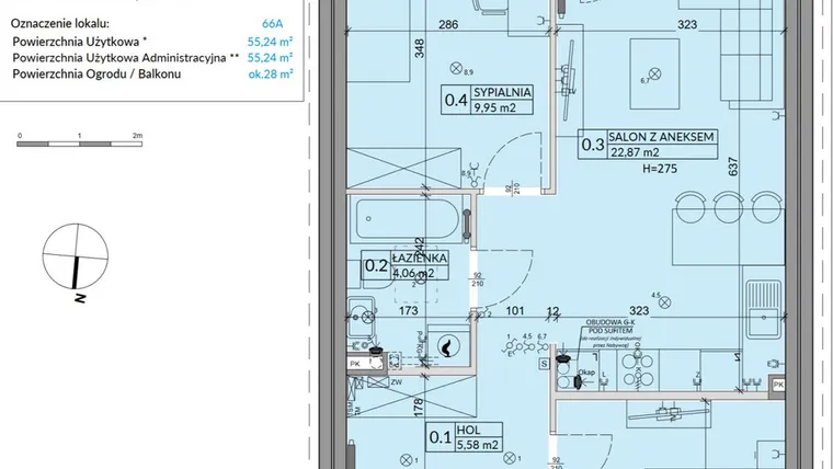 Rzut - Mieszkanie na sprzedaż 3 pokoje o powierzchni 55,24 m² - numer 66A w Osiedle Młodych etap X