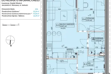 Rzut - Mieszkanie na sprzedaż 3 pokoje o powierzchni 55,24 m² - numer 65A w Osiedle Młodych etap X