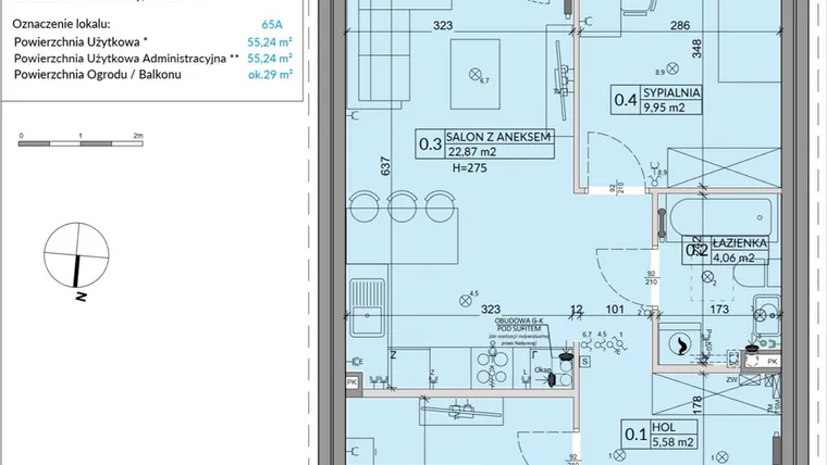 Rzut - Mieszkanie na sprzedaż 3 pokoje o powierzchni 55,24 m² - numer 65A w Osiedle Młodych etap X