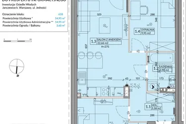 Rzut - Mieszkanie na sprzedaż 3 pokoje o powierzchni 54,95 m² - numer 65B w Osiedle Młodych etap X