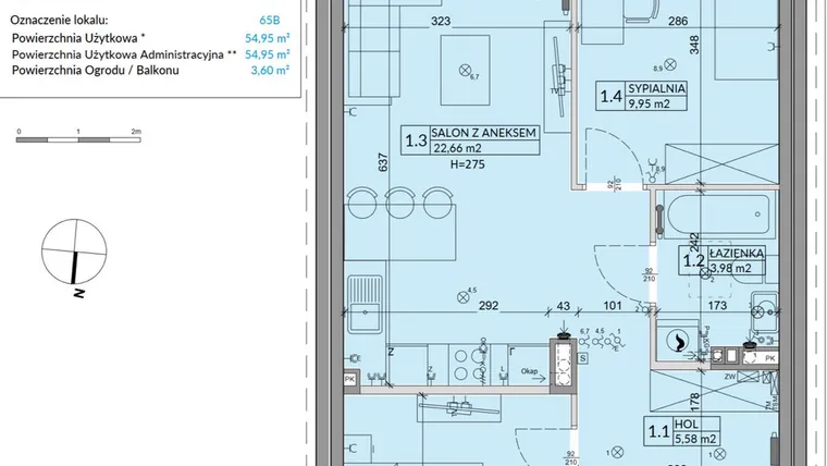 Rzut - Mieszkanie na sprzedaż 3 pokoje o powierzchni 54,95 m² - numer 65B w Osiedle Młodych etap X