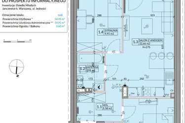 Rzut - Mieszkanie na sprzedaż 3 pokoje o powierzchni 54,95 m² - numer 66B w Osiedle Młodych etap X
