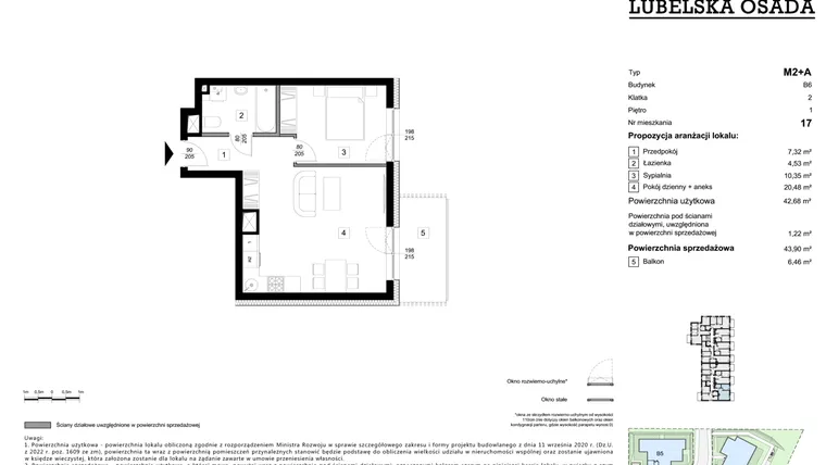 Rzut - Mieszkanie na sprzedaż 1 pokój o powierzchni 42,68 m² - numer B6.17 w Lubelska Osada budynek B6