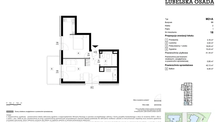 Rzut - Mieszkanie na sprzedaż 1 pokój o powierzchni 41,18 m² - numer B6.18 w Lubelska Osada budynek B6
