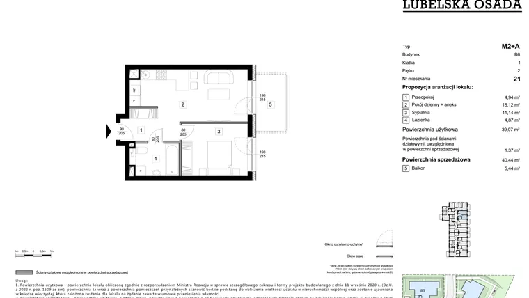 Rzut - Mieszkanie na sprzedaż 1 pokój o powierzchni 39,07 m² - numer B6.21 w Lubelska Osada budynek B6