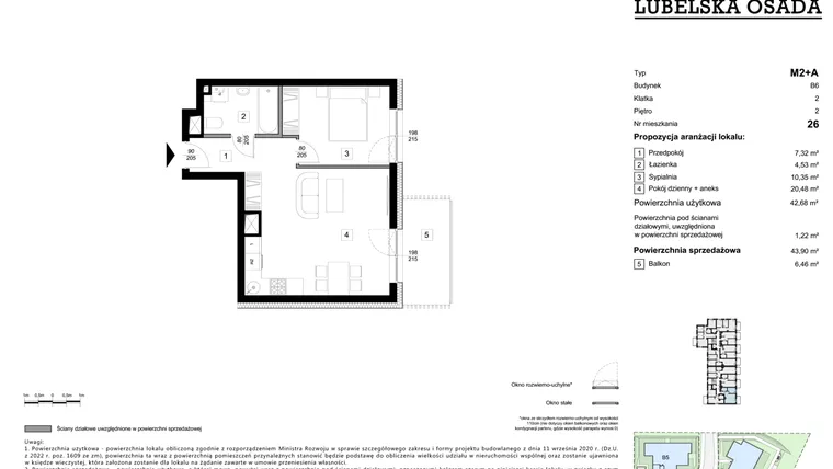 Rzut - Mieszkanie na sprzedaż 1 pokój o powierzchni 42,68 m² - numer B6.26 w Lubelska Osada budynek B6