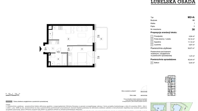 Rzut - Mieszkanie na sprzedaż 1 pokój o powierzchni 39,07 m² - numer B6.30 w Lubelska Osada budynek B6