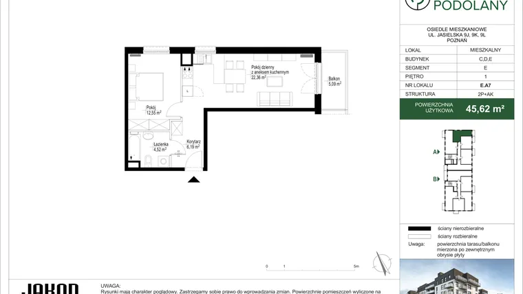 Rzut - Mieszkanie na sprzedaż 2 pokoje o powierzchni 45,57 m² - numer E.A7 w Sielskie Podolany II