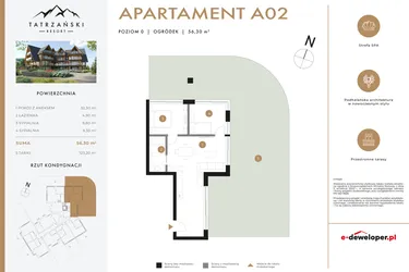 Rzut - Mieszkanie na sprzedaż 3 pokoje o powierzchni 56,49 m² - numer A02 w Tatrzański Resort