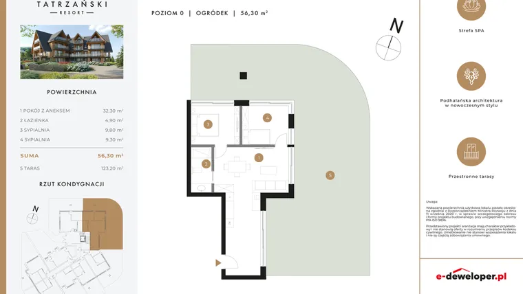 Rzut - Mieszkanie na sprzedaż 3 pokoje o powierzchni 56,49 m² - numer A02 w Tatrzański Resort