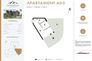 Rzut - Mieszkanie na sprzedaż 2 pokoje o powierzchni 37,89 m² - numer A03 w Tatrzański Resort