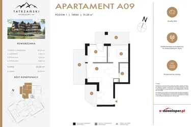 Rzut - Mieszkanie na sprzedaż 3 pokoje o powierzchni 49,5 m² - numer A09 w Tatrzański Resort