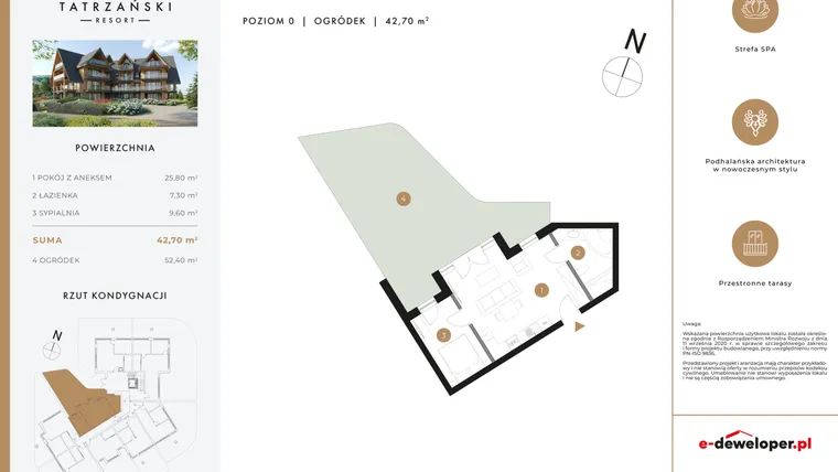 Rzut - Mieszkanie na sprzedaż 2 pokoje o powierzchni 42,82 m² - numer A08 w Tatrzański Resort
