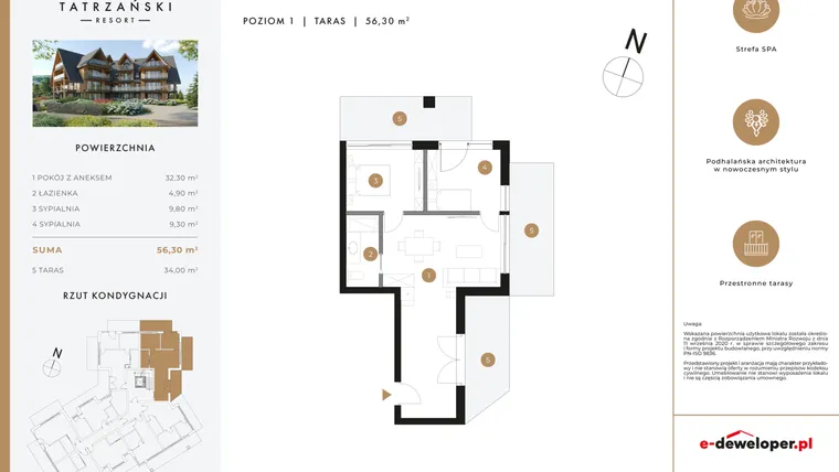 Rzut - Mieszkanie na sprzedaż 3 pokoje o powierzchni 56,16 m² - numer A10 w Tatrzański Resort