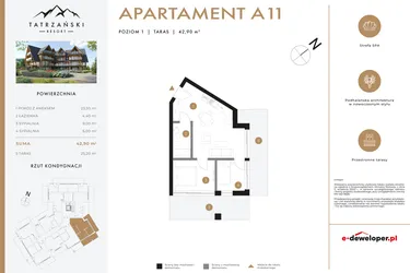 Rzut - Mieszkanie na sprzedaż 3 pokoje o powierzchni 42,99 m² - numer A11 w Tatrzański Resort
