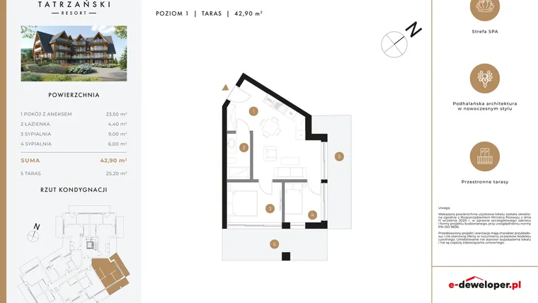 Rzut - Mieszkanie na sprzedaż 3 pokoje o powierzchni 42,99 m² - numer A11 w Tatrzański Resort