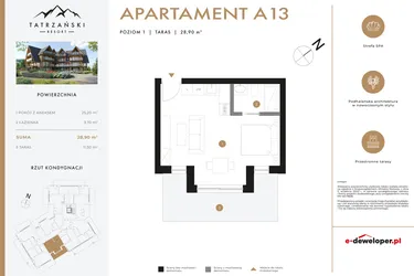 Rzut - Mieszkanie na sprzedaż 1 pokój o powierzchni 28,83 m² - numer A13 w Tatrzański Resort