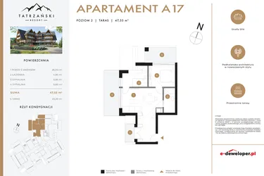 Rzut - Mieszkanie na sprzedaż 3 pokoje o powierzchni 46,77 m² - numer A17 w Tatrzański Resort