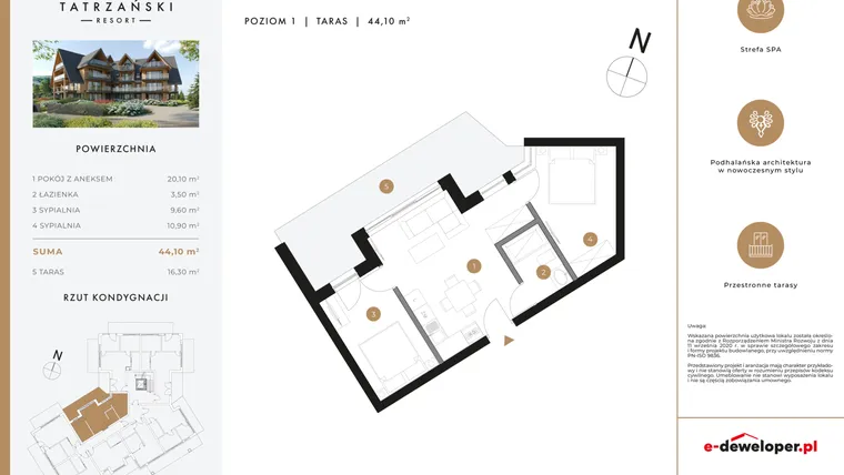 Rzut - Mieszkanie na sprzedaż 3 pokoje o powierzchni 44,44 m² - numer A16 w Tatrzański Resort