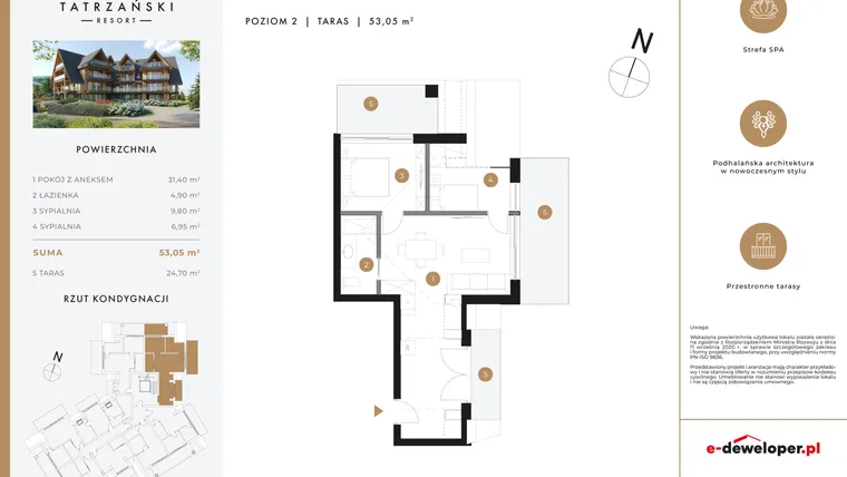Rzut - Mieszkanie na sprzedaż 3 pokoje o powierzchni 53,23 m² - numer A18 w Tatrzański Resort