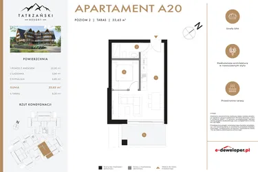 Rzut - Mieszkanie na sprzedaż 2 pokoje o powierzchni 33,6 m² - numer A20 w Tatrzański Resort