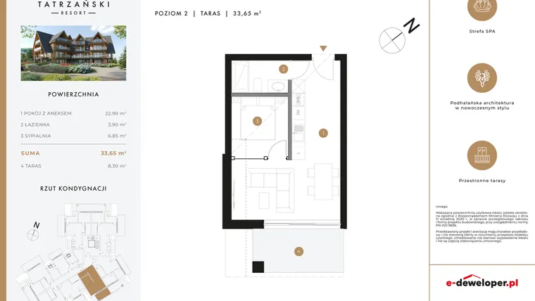 Rzut - Mieszkanie na sprzedaż 2 pokoje o powierzchni 33,6 m² - numer A20 w Tatrzański Resort