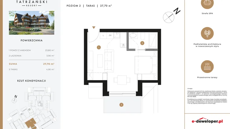 Rzut - Mieszkanie na sprzedaż 1 pokój o powierzchni 27,27 m² - numer A21 w Tatrzański Resort