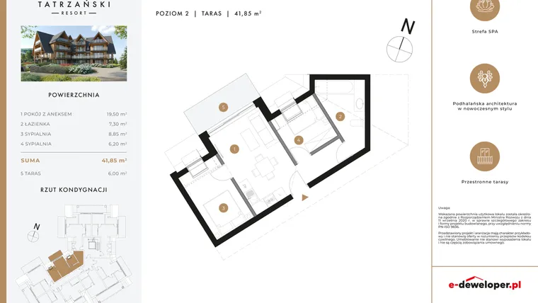 Rzut - Mieszkanie na sprzedaż 3 pokoje o powierzchni 41,65 m² - numer A24 w Tatrzański Resort