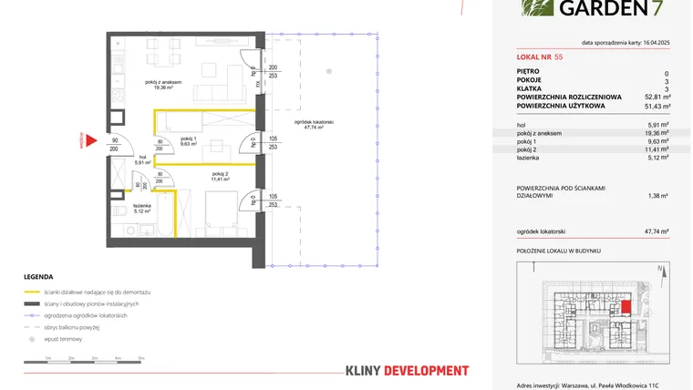 Rzut - Mieszkanie na sprzedaż 3 pokoje o powierzchni 51,43 m² - numer 55 w Nova Viva Garden 7