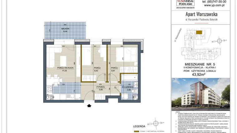 Rzut - Mieszkanie na sprzedaż 3 pokoje o powierzchni 43,92 m² - numer 5 w Apart Warszawska