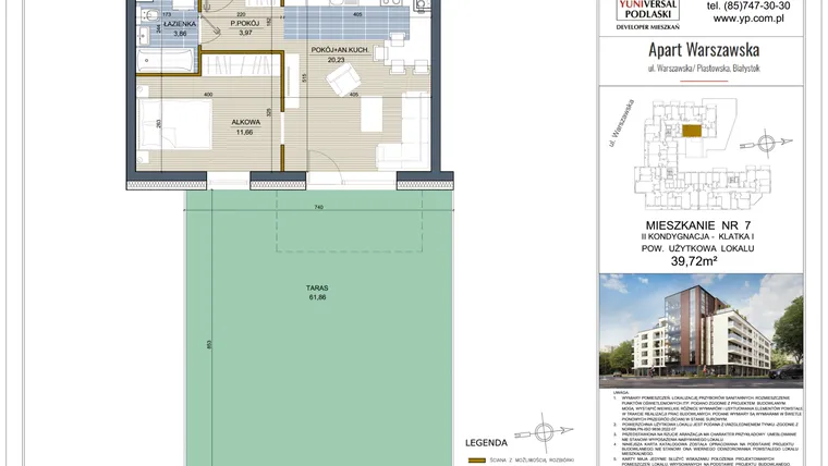 Rzut - Mieszkanie na sprzedaż 2 pokoje o powierzchni 39,72 m² - numer 7 w Apart Warszawska