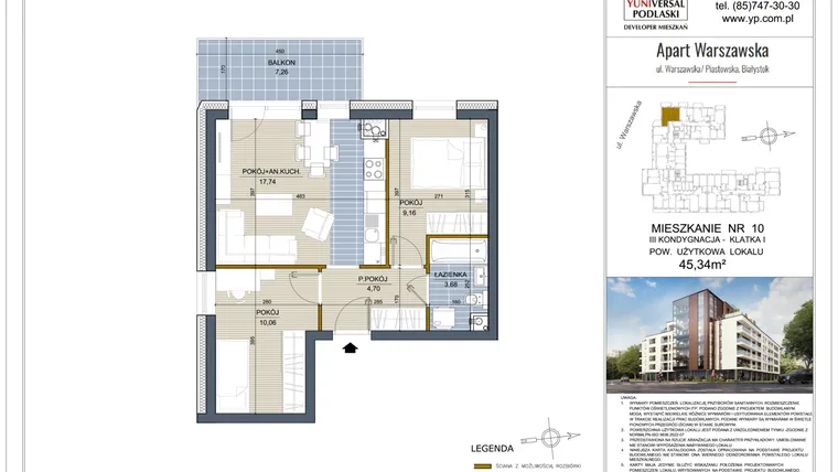 Rzut - Mieszkanie na sprzedaż 3 pokoje o powierzchni 45,34 m² - numer 10 w Apart Warszawska